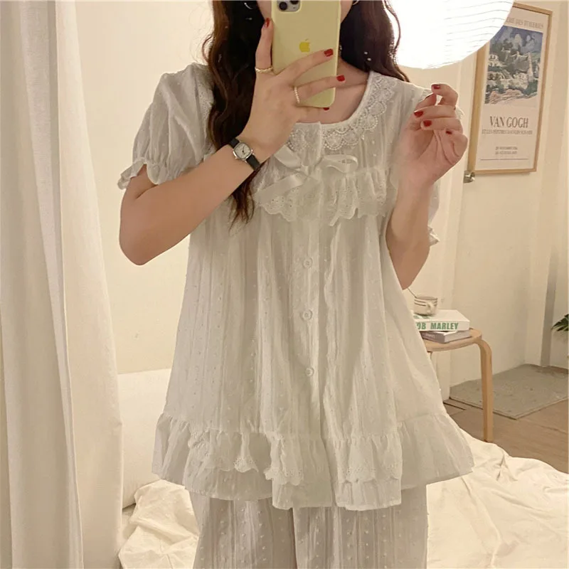 Korean Women's Pajamas Sets All Cotton Court Breeze Lace Nightgown Princess Wind Short Sleeve Capris Home Suit Female Sleepwear