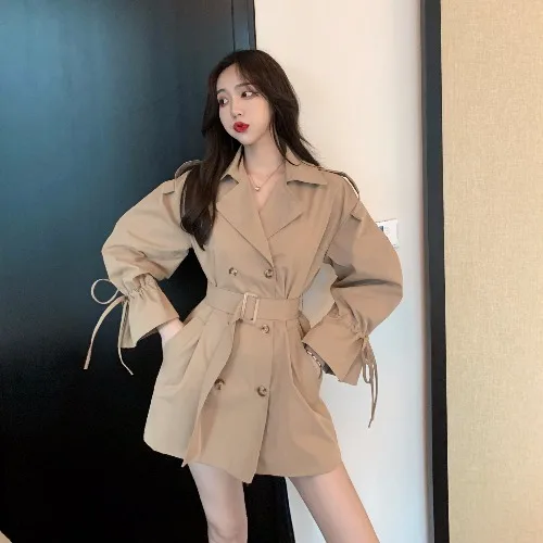 

Long-sleeved Trench Coat Women's Short New Korean Loose Loose Overalls Coat Waist