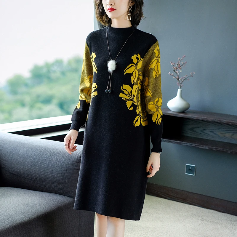 Размера плюс Женский вязанный пуловер свитер платье 2021 осень зима Новые