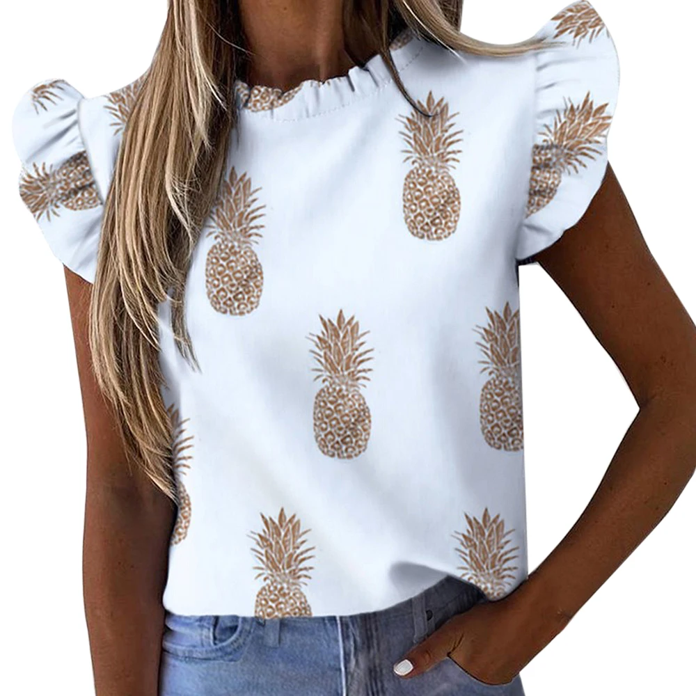 

Daisy Pineapple Print Ruffle Blouse Shirts Office Lady 2020 Summer Short Sleeve Slim Blouses women Sexy Tops
