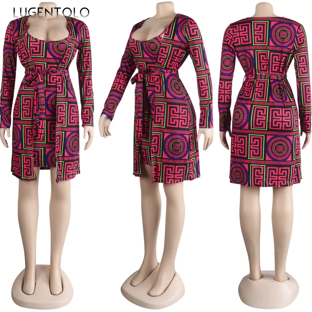 

Women Two-Piece Set Sexy Bandage Long Sleeve Nightclub Spaghetti Strap Short Bodycon Slim-fit Dress Fashion Lady Sets Lugentolo