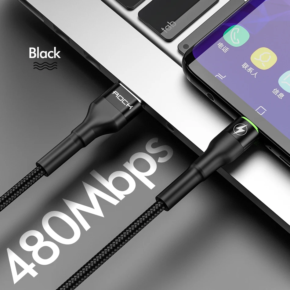Black With LED Light ROCK 5A Metal Led Light USB Type C Cable For Xiaomi Redmi Samsung OnePlus Huawei Mate 20 Pro Fast Charging Data USB C Quick 3.0 - Цвет: Black With LED Light