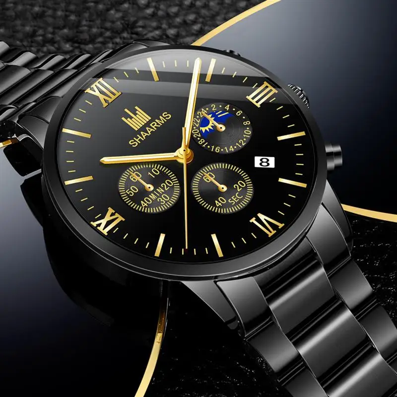 SHAARMS мужские черные часы с ремешком из нержавеющей стали кварцевые римскими