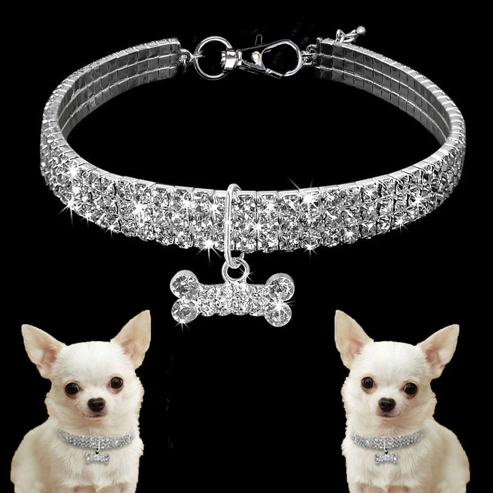 

3 Rows Diamond Dog Necklace Jeweled Collars With Bone Pendant Rhinestone Crystal Band Puppy Dog Pet Collars Collar Leather