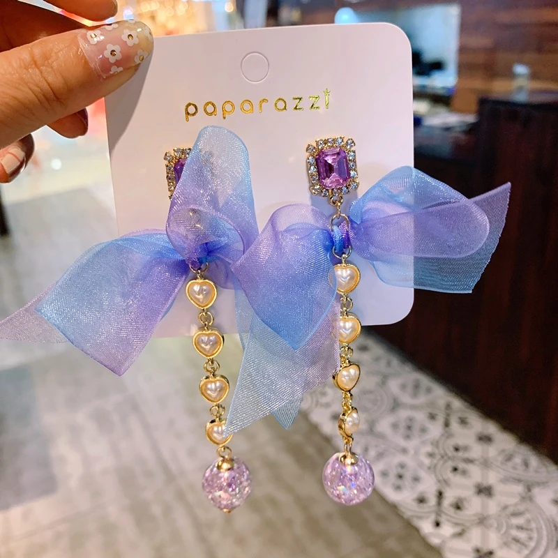 Корейские милые длинные висячие серьги фиолетового цвета из пряжи с бантом в