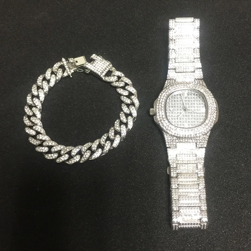 Silver Watch Bracelt Ожерелье+ часы+ браслет в стиле хип-хоп, кантри, кубинская цепочка, золото, серебро, Iced Out, проложили стразы, CZ, Bling Rapper для Мужчин, Ювелирные изделия - Окраска металла: Silver Watch Bracelt
