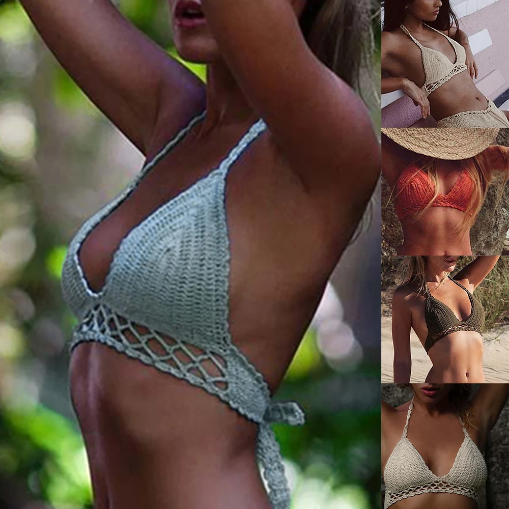 HEFLASHOR сексуальный вязаный кроше бикини укороченный топ пляжная одежда модная