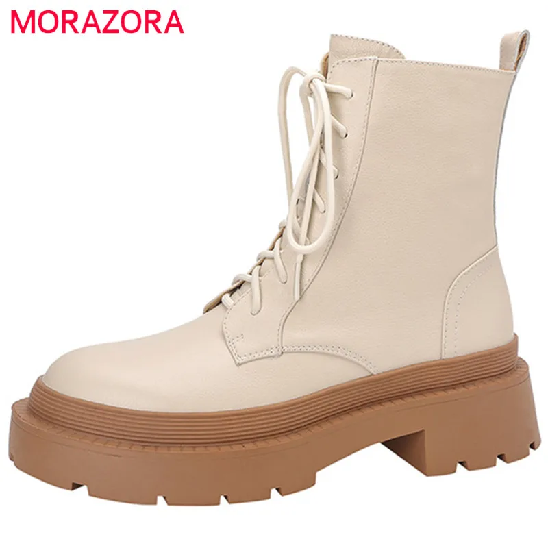 

Женские ботильоны из натуральной кожи MORAZORA, черные повседневные ботильоны из натуральной кожи на толстой подошве, с круглым носком, на шнур...