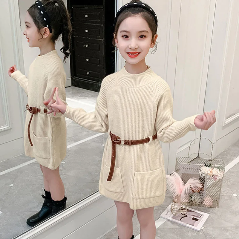 Knit Teens Girls Dress 2021 Spring Autumn Winter Kids Sweater Dress Children Princess Long Sleeve Casual Girls Clothes Red Beige