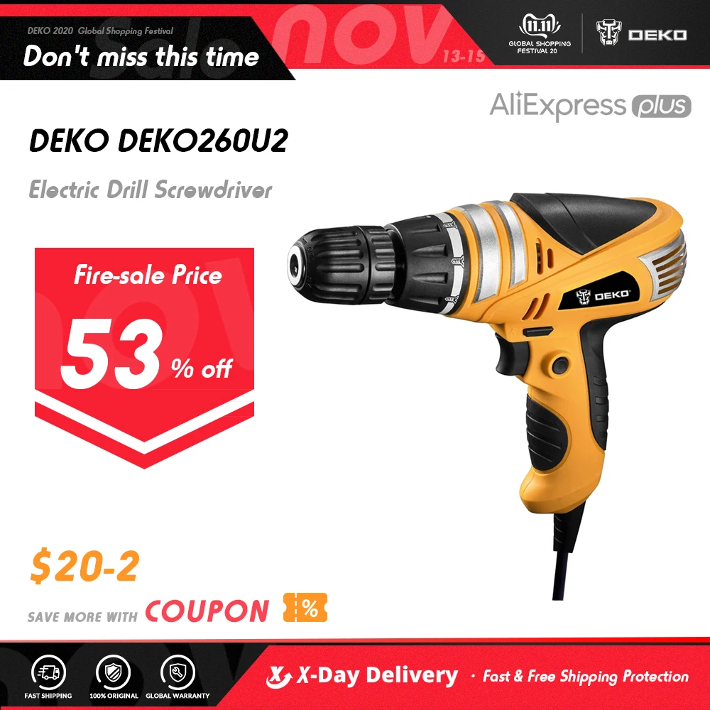 DEKO260U 220 В 600 Вт 3/8 дюйма с цельнометаллическим патроном без ключа электрическая