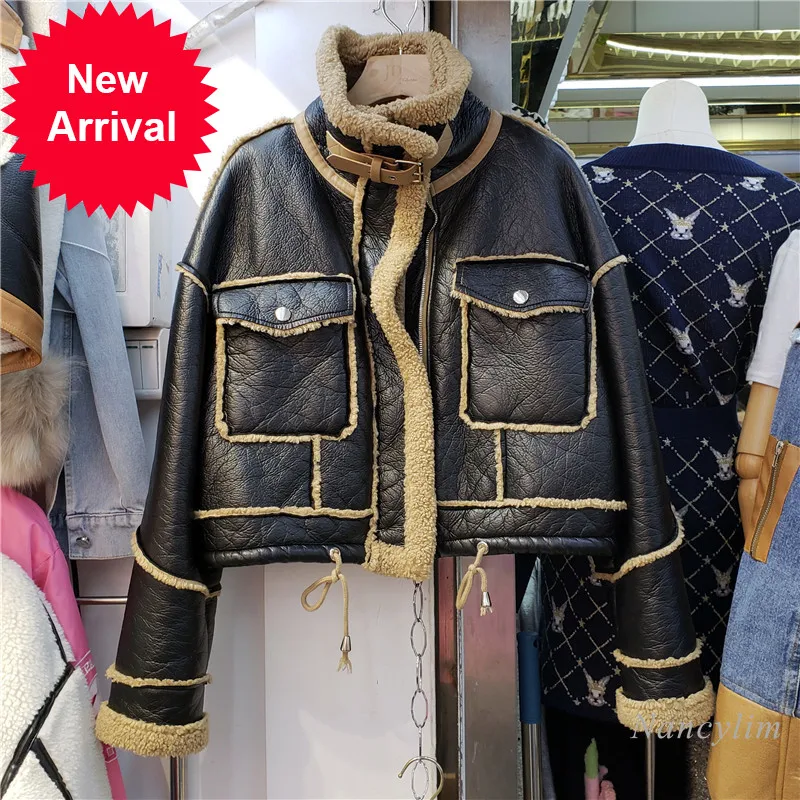 

Lamb Wool Patch Faux Leather Coat Women's Short Motorcycle Jacket 2021 Winter New Zipper Outwears Female