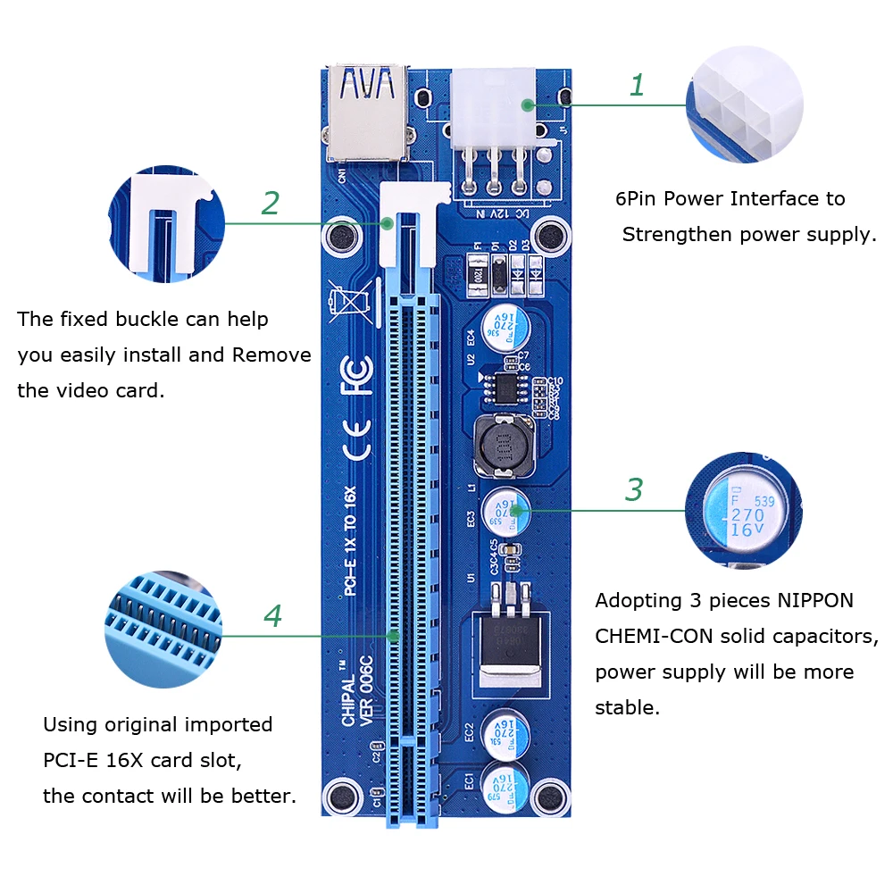 CHIPAL 10pcs 6pin SATA Power PCI Express 16X Slot Riser Card USB 3.0 PCI-E PCI-Express 1x to 16x PCIE for Video | Компьютерные
