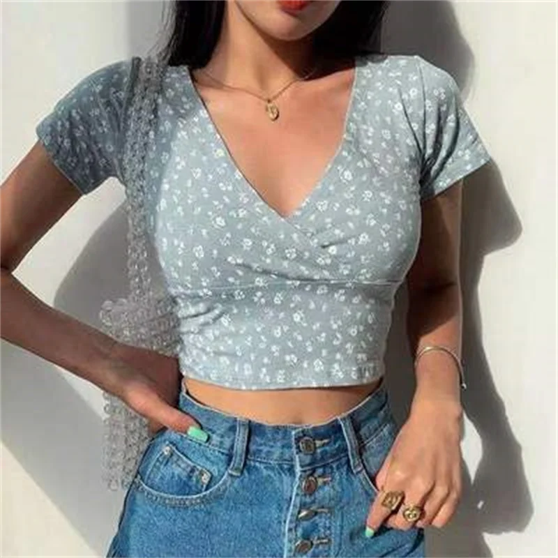 

French Retro Floral V-Neck Short-Sleeved T-Shirt Slim Slimming Wild High Waist T-Shirt Women's Summer 2021 New Crop Top y2k traf