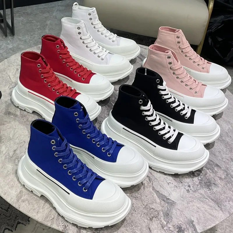 

Autumn Platform Canvas Shoes Women Thick-Soled High-Top Shoes Luxury Brand Sneakers Round Toe Mixed Color Lace-Up Casual Shoes