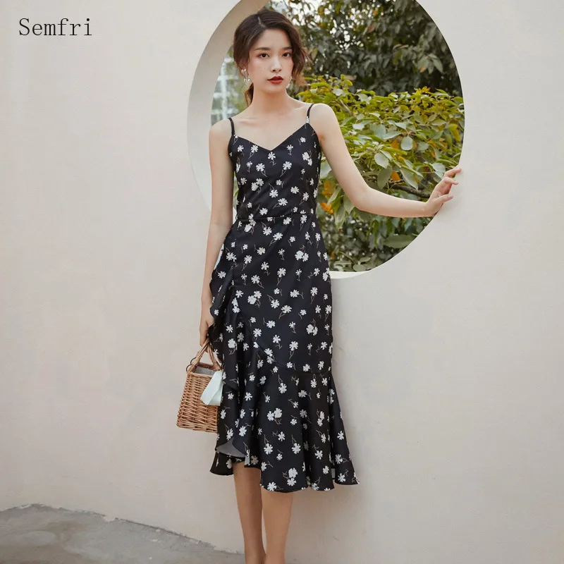 

Semfri Women Dress 2020 Summer Black Floral Small Daisy Dresses Female French Style Temperament Elegant Chiffon Boho Dress