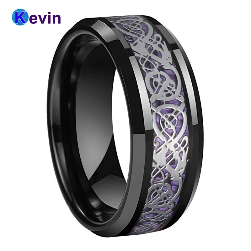 Вольфрамовое кольцо 8 мм для мужчин и женщин обручальное с фиолетовым углеродным