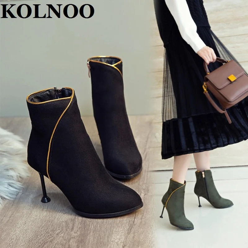 KOLNOO 2022 Handmade Womens Stiletto High Heels Boots Pointed-Toe Party Prom Ankle Booties Side-Zipper Warm Winter Fashion Shoes