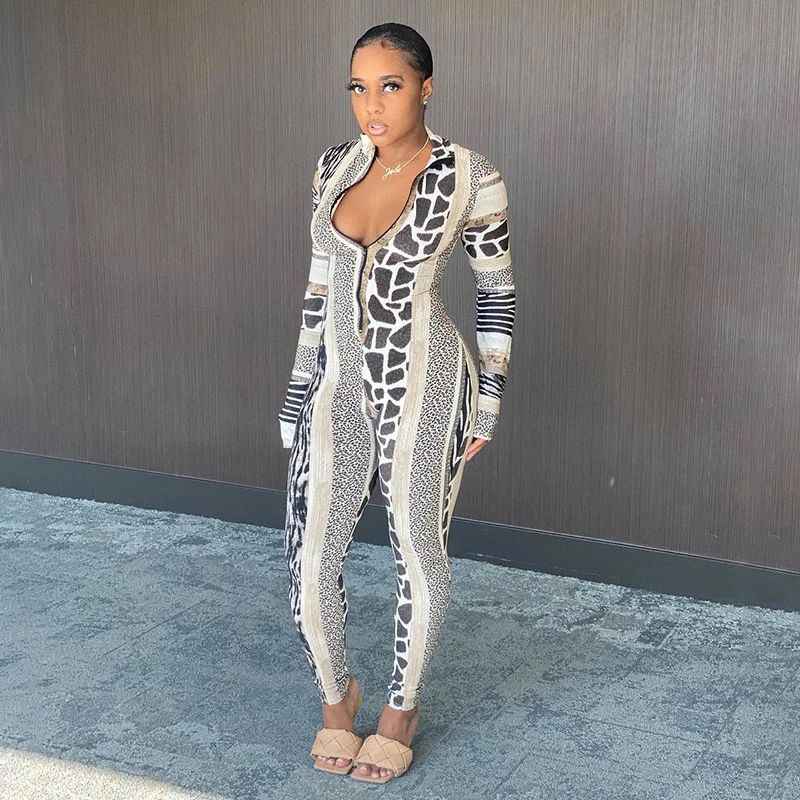 

Casual Stand Collar Sporty Fitness Body Jumpsuit Women Sexy Leoprd Print Long Sleeve Pants Bodycon Rompers Womens Jumpsuit