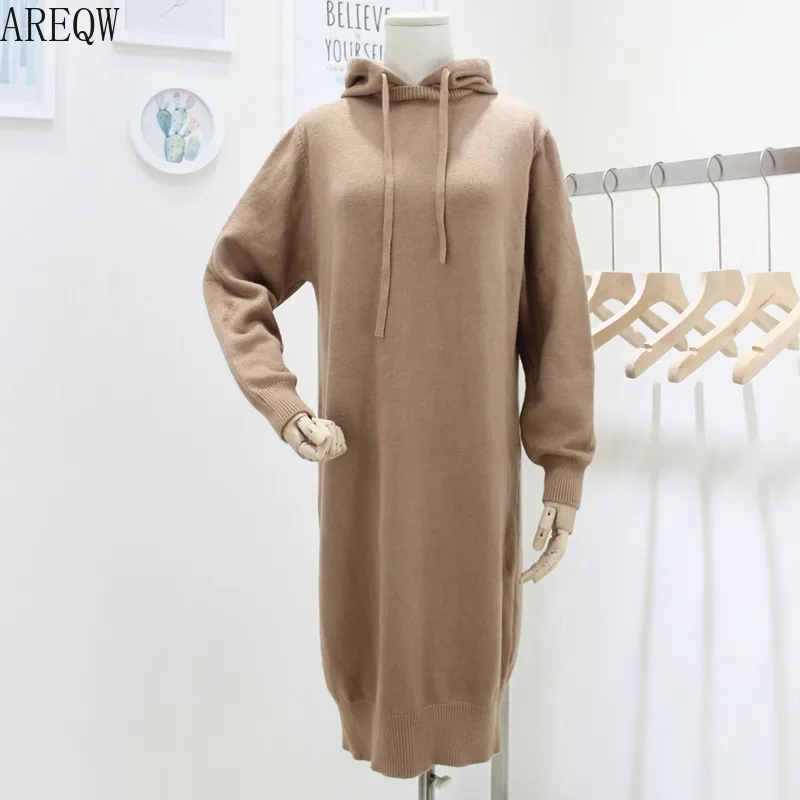 Осенне-зимнее Новое корейское Модное Длинное платье-свитер с капюшоном