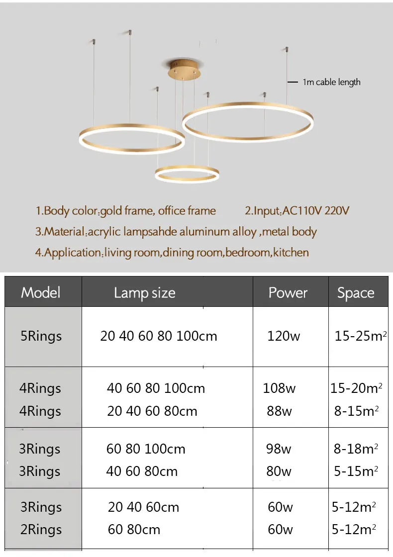 

Luminaires Modern Pendant Light 20 40 60 80 100cm ring Acrylic Led Pendant Lamp for Living room Dining room Kitchen Hotel Lustre