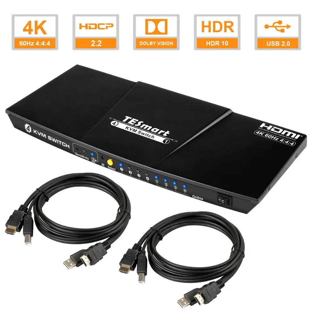 DHL Бесплатная Доставка 10 шт. черный Tesla Smart HDMI 4K @ 60 USB HDMI KVM переключатель 4 Порты USB KVM HDMI переключатель Поддержка 4K*2K@60Гц USB2.0 Порты