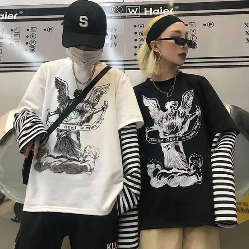 

Spring Harajuku Tshirt Women Patchworked Print Gothic Long Sleeve T-Shirt Women Korean Clothes
