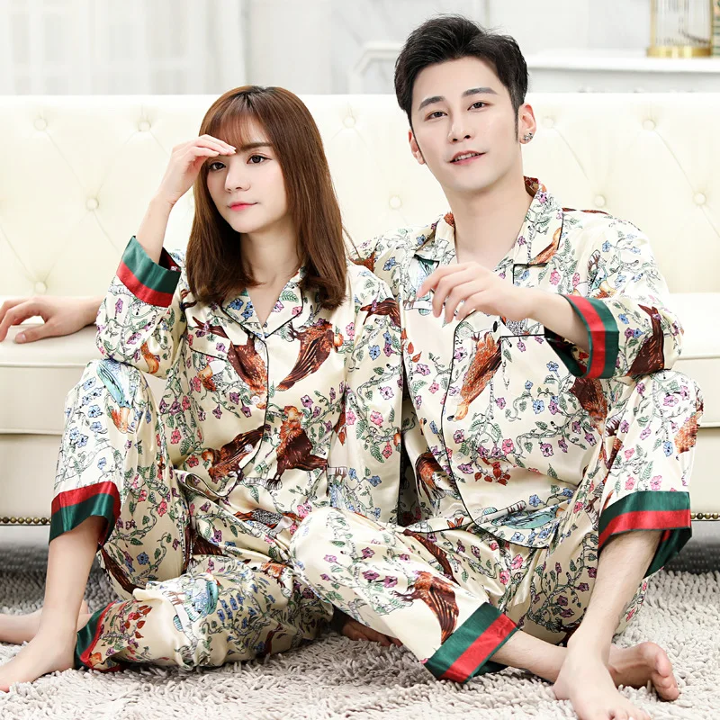 Lovers Printed Stain Pajama Sets Silk-like Long Sleeve Top and Pants Elegant Loungewear Women and Men Nightwear Unisex Homewear