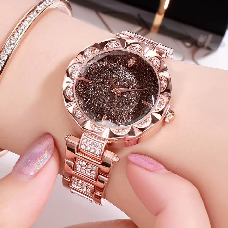 Rosegold black GEDI брендовые роскошные женские часы из розового золота, женские модные часы с кристаллами, полностью стальные женские часы, relogio feminino horloge dames - Цвет: Rosegold black