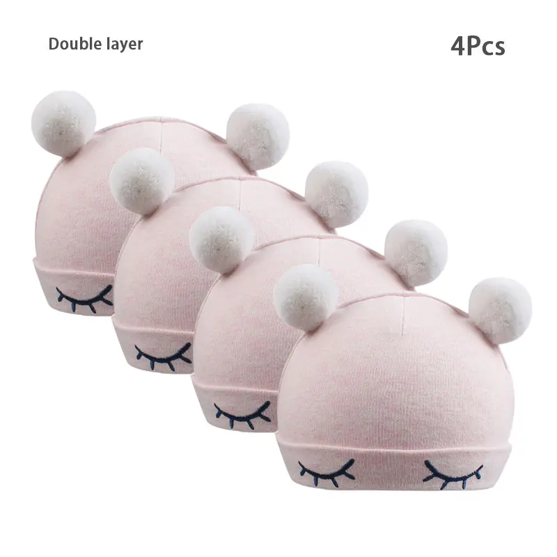 Double Pink Ball4 Милая шапочка для новорожденных; хлопковая однотонная шапка для новорожденных мальчиков; шапка с медвежьими ушками и кроличьими ушками для маленьких девочек; шапочка для новорожденных; сезон весна-лето - Цвет: Double Pink Ball4