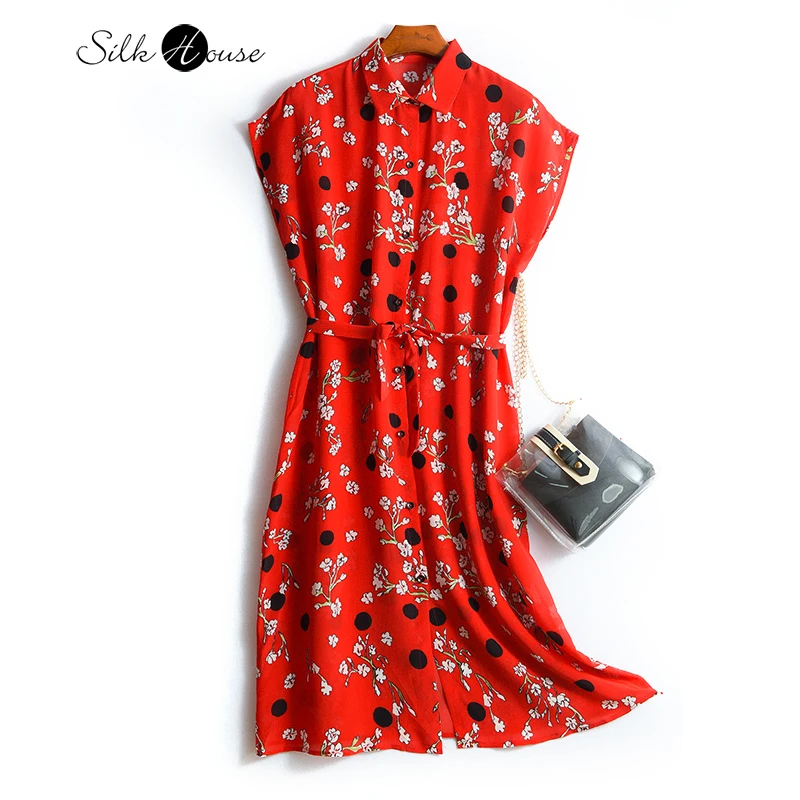 

Шелковое платье, новинка 2021, женская одежда, офисный кардиган с красным принтом из шелка тутового шелкопряда, свободное модное платье