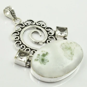 Подвеска из опала и белого топаз серебряное покрытие по меди 63 мм P2211|Подвески| |