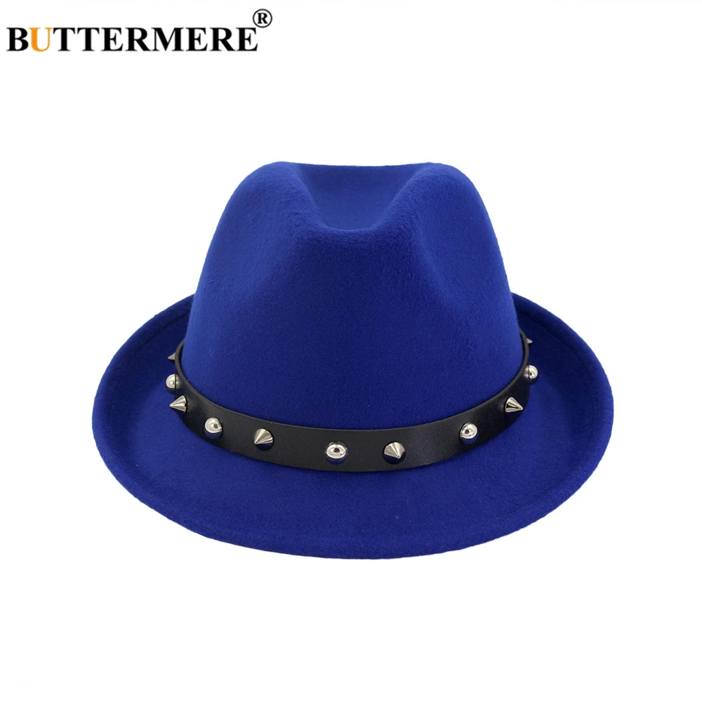 

BUTTERMERE Men Women Blue Fashion Wide Flat Brim Wool Felt Fedoras Hats Rivet Belt Jazz Trilby Top Hat Panama Cap Floppy Hat