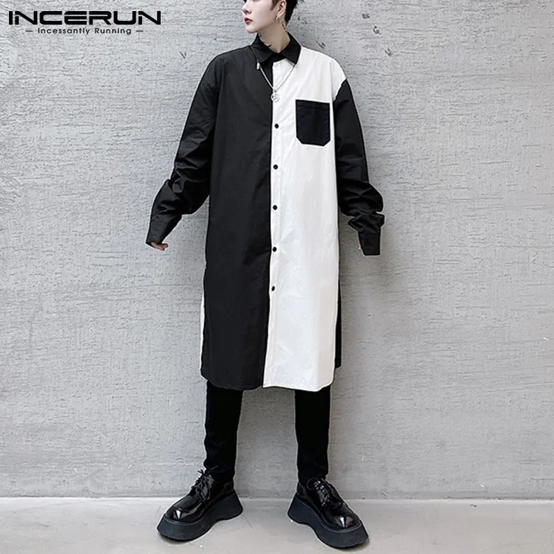 

Мужская рубашка в стиле пэчворк с отложным воротником и длинным рукавом, свободная уличная одежда, длинные Стильные топы 2021, модная Корейск...