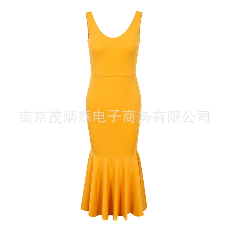 

Popular Dress Sexy Sleeveless Dress Ruffle Fishtail Dress Flounced Skirt