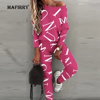 new women o neck full sleeve trousers outfit spring autumn letter printing loose ladies suit plus size 3xl sportswear streetwear