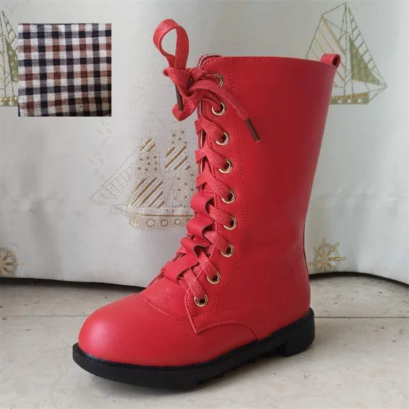 Red single boots Детские зимние плюшевые высокие сапоги; кожаные зимние сапоги для девочек; цвет черный, белый, красный; Дизайнерские Сапоги принцессы для девочек-подростков; Размеры 26-39 - Цвет: Red single boots