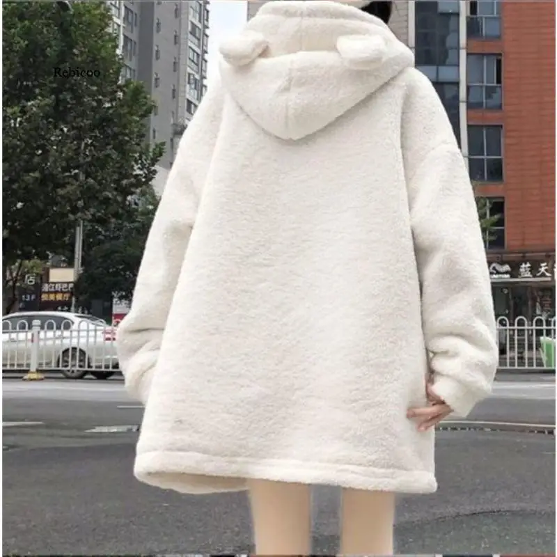 

Autumn Winter Lolita Hooded Jacket Women Sweet Soft Girl Embroidery Imitation Lamb Thickened Lovely Harajuku Horn Buckle Jacket