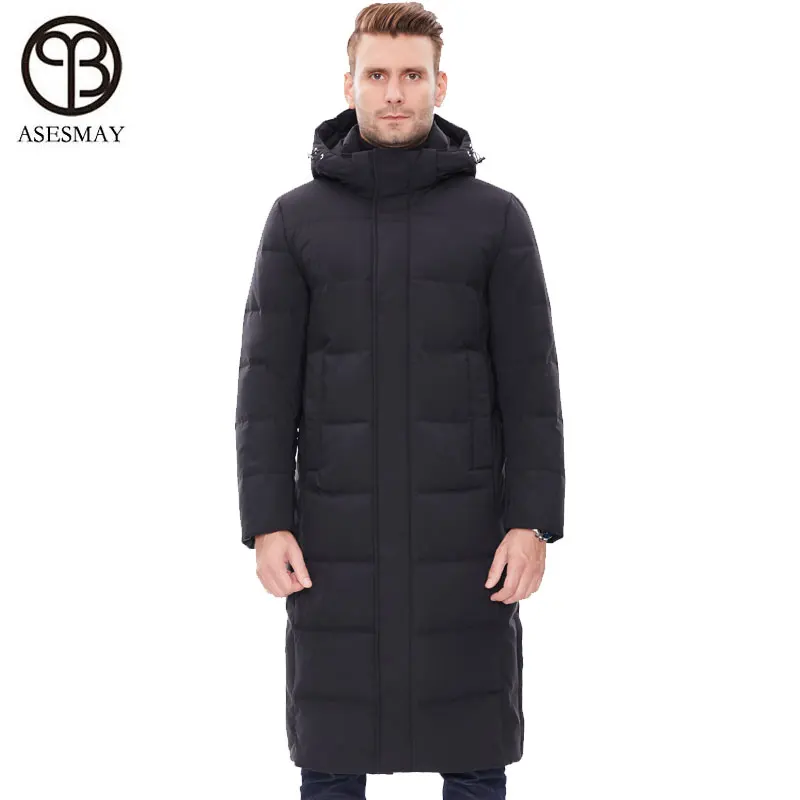 Asesmean мужские пуховые пальто x-long, зимняя брендовая куртка, Мужская парка на утином пуху, куртки goose wellensteyn, стильное тонкое пальто с капюшоном - Цвет: Black