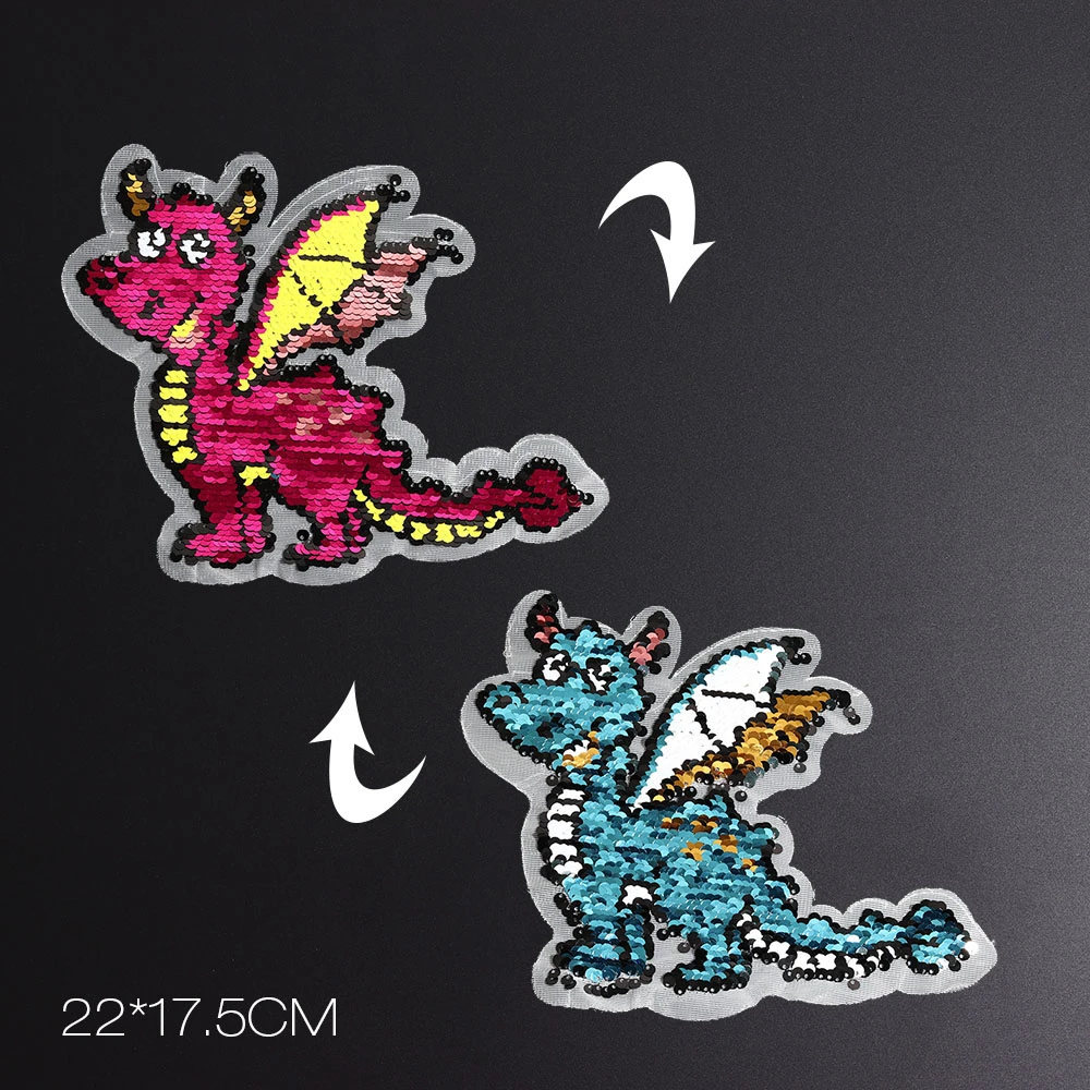 

Cartoon Dinosaur Reverse Sequins Sew On Patches for Clothes Coat Sweater Embroidered Change Color Reversible Patch Appliques