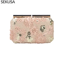pink color flower evening bags sequined small day clutch with metal shoulder chain handbags flap design bags