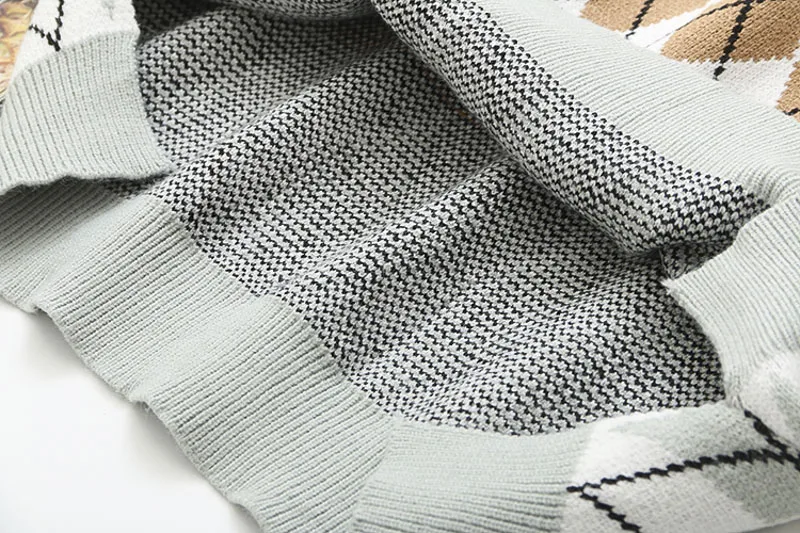 Preppy Style Argyle Contrast Colors V Neck Knitted Vests Women Casual Sleeveless Oversized Sweater Pullovers Waistcoat | Женская одежда