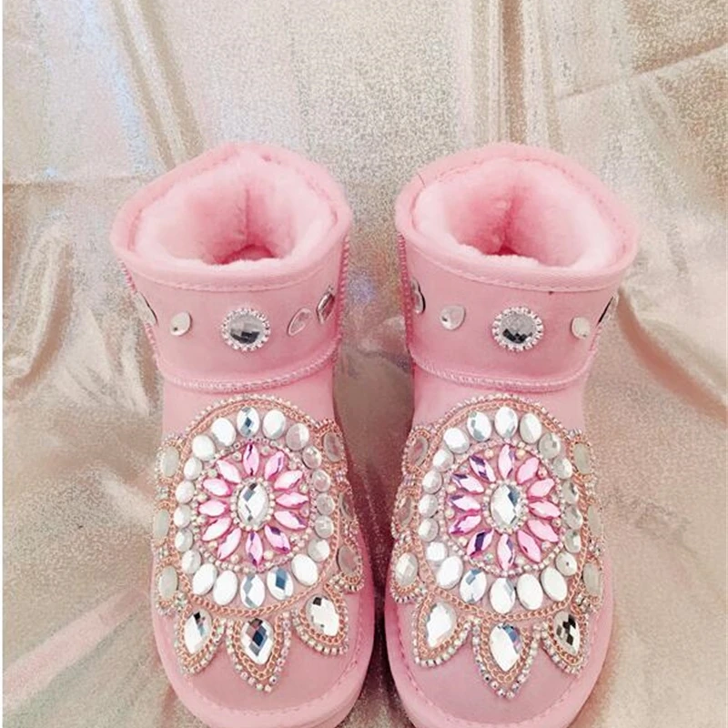

Новинка 2019, зимние кожаные сапоги ручной работы Стразы, женские толстые короткие сапоги, милая розовая теплая хлопковая обувь для студентов