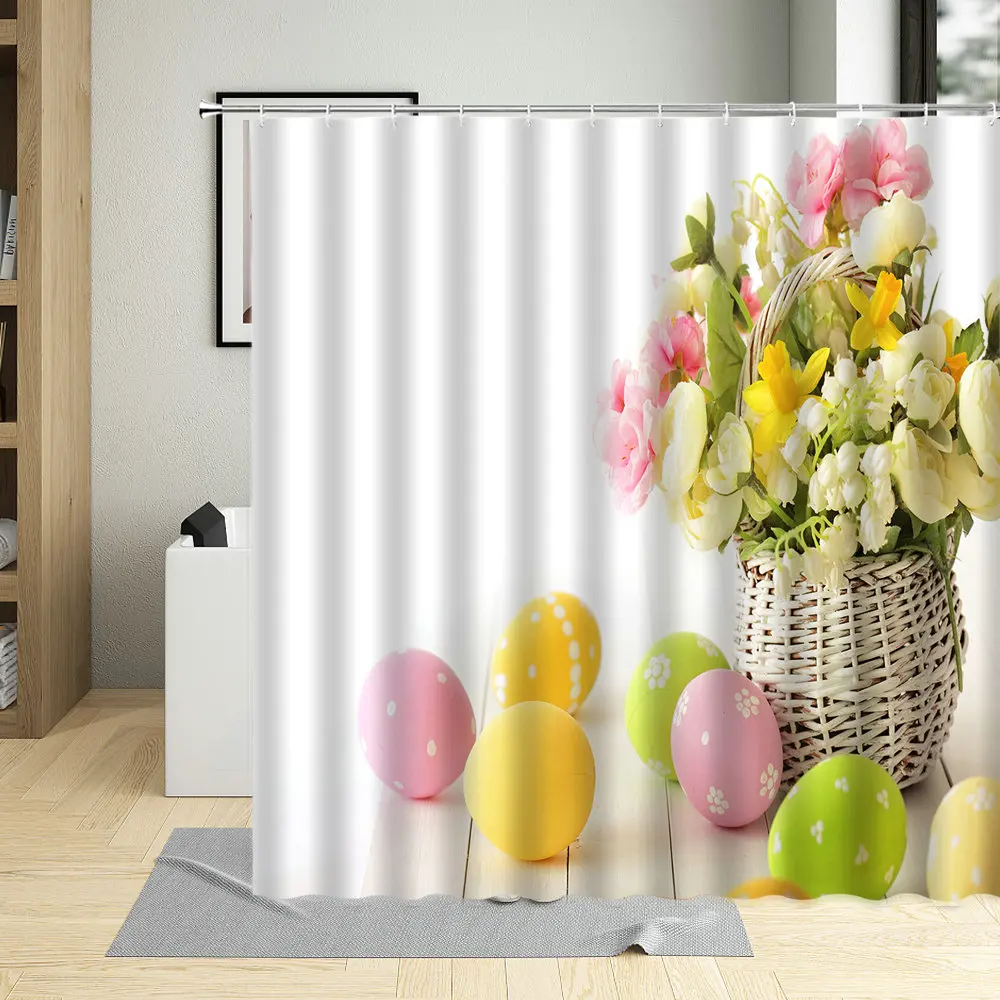 

Flowers Color Eggs Shower Curtain Beautiful Easter Art Bathroom Home Decorative Cloth With Hook Washable Fabric Waterproof