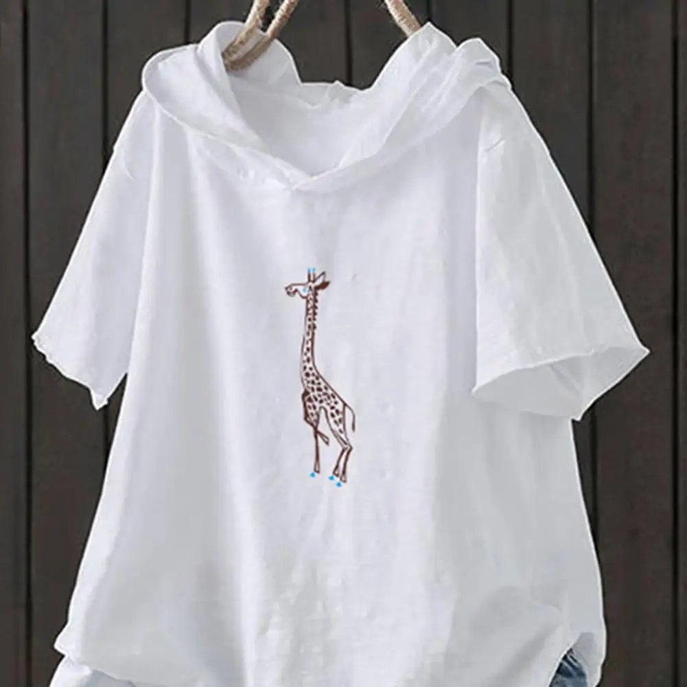 2021 Women Casual Solid Sweatshirt Short Sleeve Ripped Giraffe Print Loose T-shirt Hoodie Female Tops