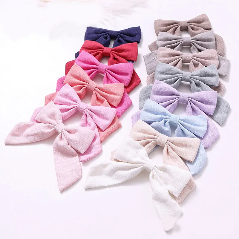

Baby Girls Long Tail Bow Hair Clip Alligator Clip Girls Barrettes Cotton Linen Solid Color Simple Lovely Hair Accessories