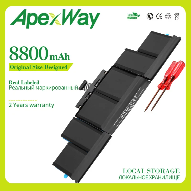 

ApexWay 8800mAh 11.26V New Laptop Battery A1494 For Apple MacBook Pro Retina 15" A1398 Late 2013 - 2014 ME293 ME294 MC975 MC976