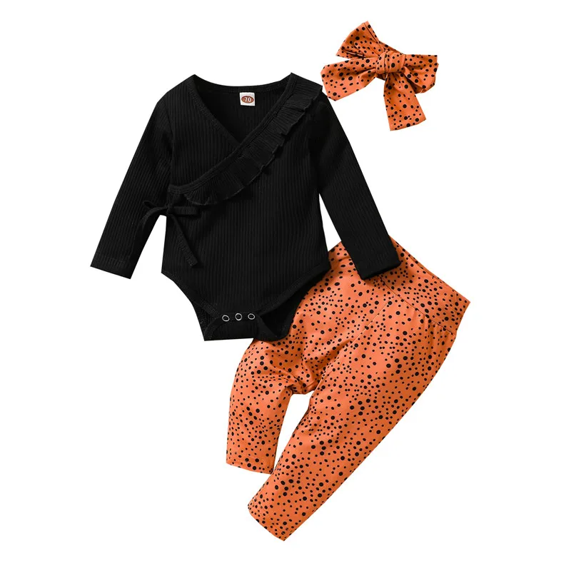 

Baby Girls Casual Fashion Outfits Autumn Spring Tie-up Long Sleeve Ruffle Ribbed Romper+Dot Print Pants+Headband Cute Kids 3PCS
