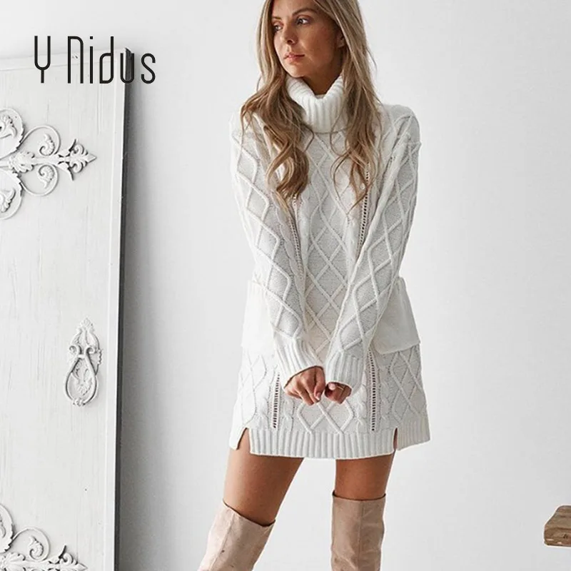 Women Pullover Winter White Sweater Dress Female Turtleneck Argyle Weave Full Sleeve Loose With Pocket Knit Long Jumper | Водолазки