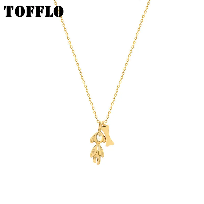 

TOFFLO Stainless Steel Jewelry Animal Dog Bone Pendant Necklace Female Hip Hop Clavicle Chain BSP836