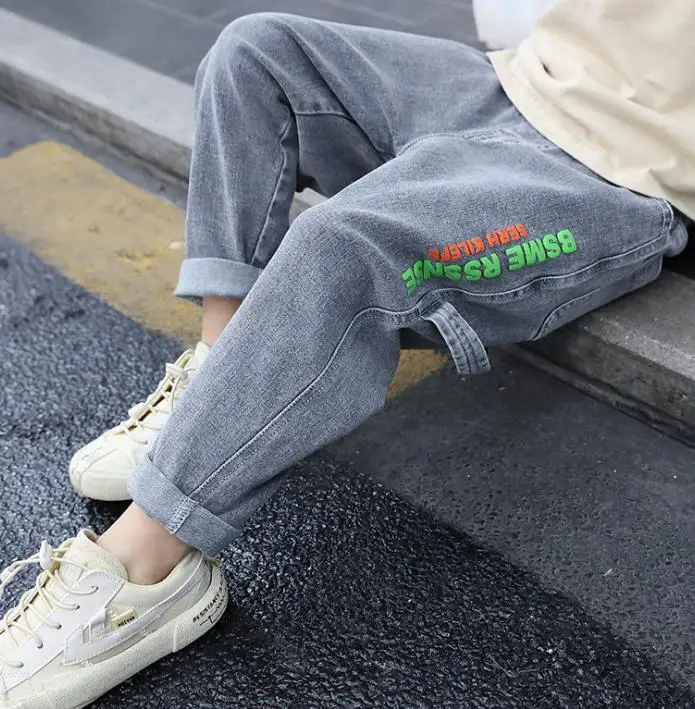 

Children's jeans new boys contrast color letter printing casual loose jeans baby special pocket design denim kids pants